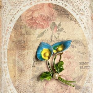 Vintage Floral Enamel Brooch with Blue and Yellow Accents